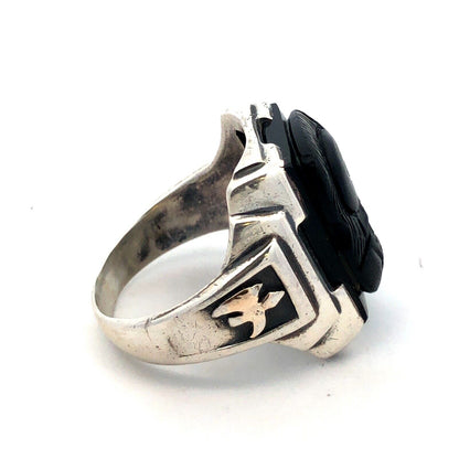 Designer G 925 Sterling Silver Carved Black Onyx Viking Roman Soldier Mens Ring