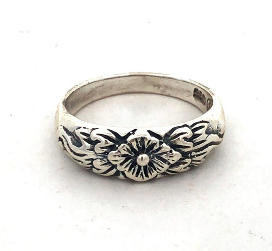 Designer 925 Sterling Silver Textured Flower Floral Stackable Band Ring