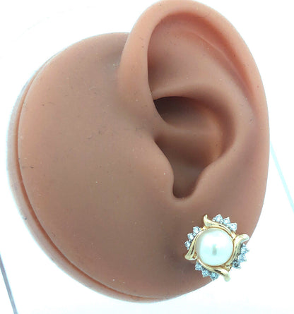 Designer 14K Yellow Gold Pearl Diamond Halo Statement Stud Earrings