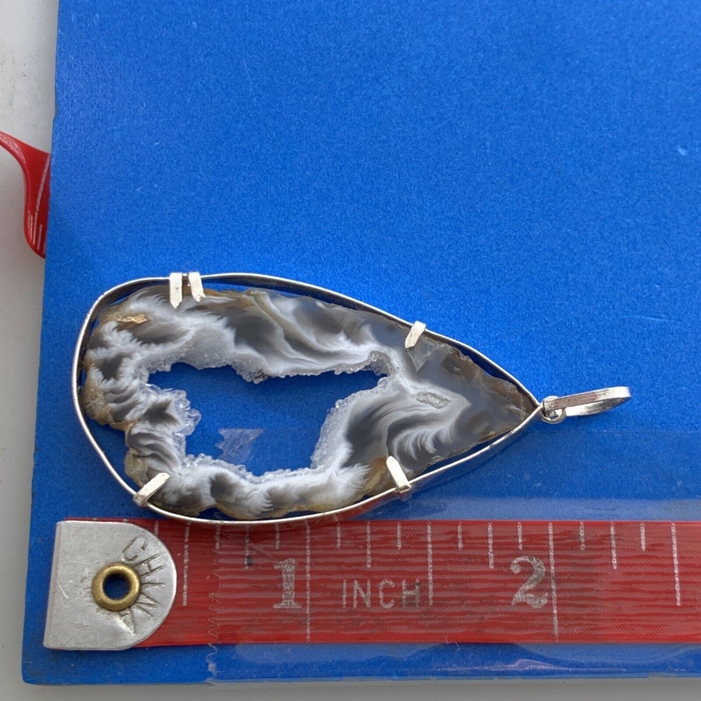 Estate Artisan 925 Sterling Silver Black White Quartz Druzy Geode Slice Pendant