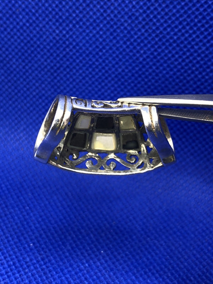 SX Black Onyx & Mother of Pearl Inlay 925 Sterling Silver Statement Pendant