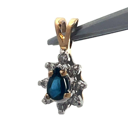 Vintage 14K Yellow Gold Pear Cut Blue Sapphire Diamond Halo Teardrop Pendant