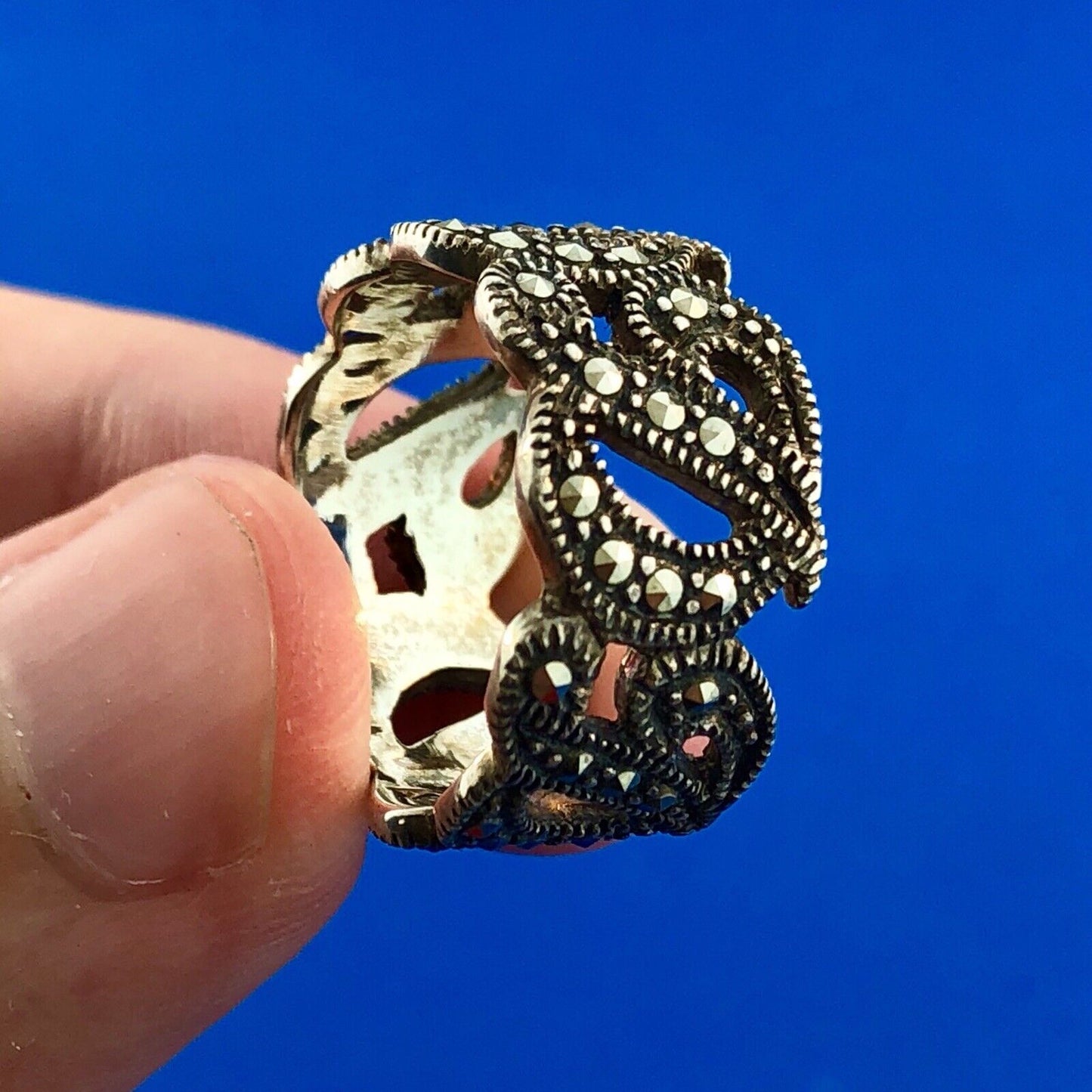 Designer Thailand 925 Sterling Silver Marcasite Cut Out D Scroll Cigar Band Ring