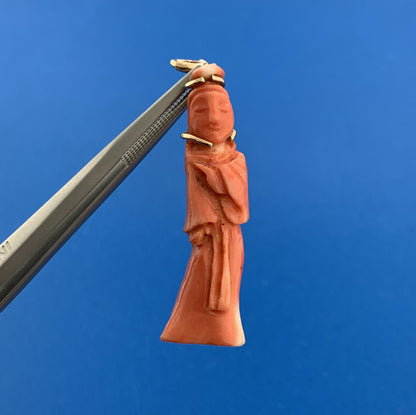 Gorgeous 10k Yellow Gold Carved Coral Chinese Eastern Wise Man Dangle Pendant