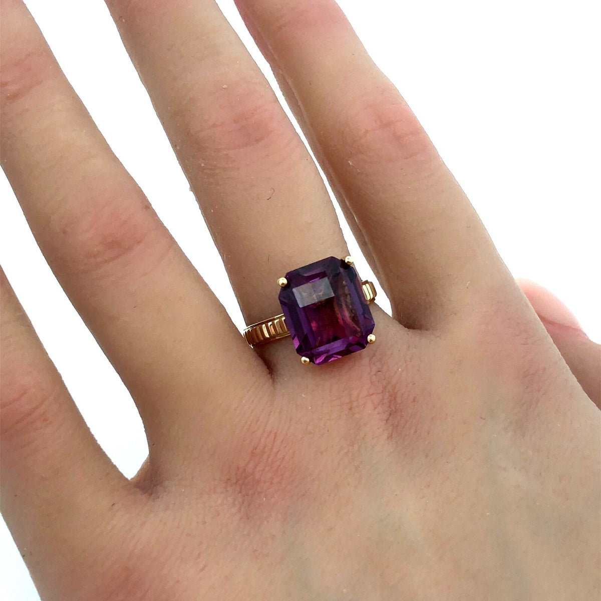 Designer Taxco 14K Yellow Gold Cushion Cut Purple Sapphire Solitaire Ring