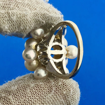 Gorgeous 14k White Gold Round Diamond White Pearl Cluster Statement Ring Size 4