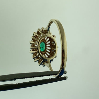 Vintage 14K Yellow Gold Oval Emerald Diamond Starburst Halo May Anniversary Ring