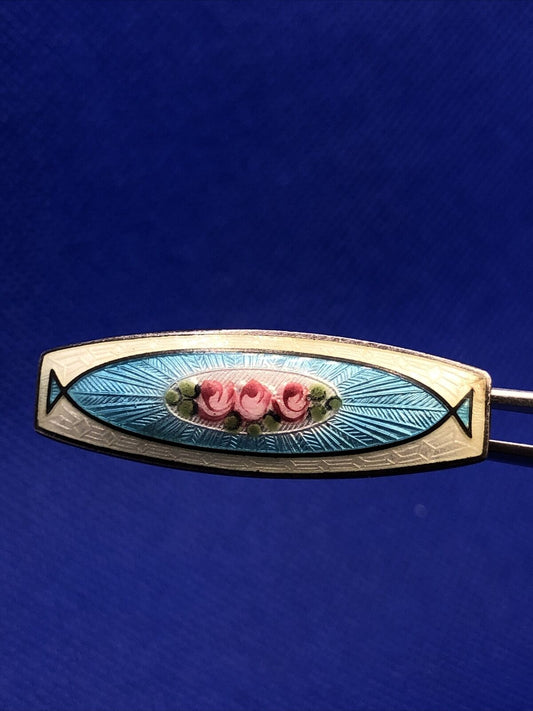 Art Deco 925 Sterling Silver Floral Guilloche Multi Colored Enamel Floral Brooch