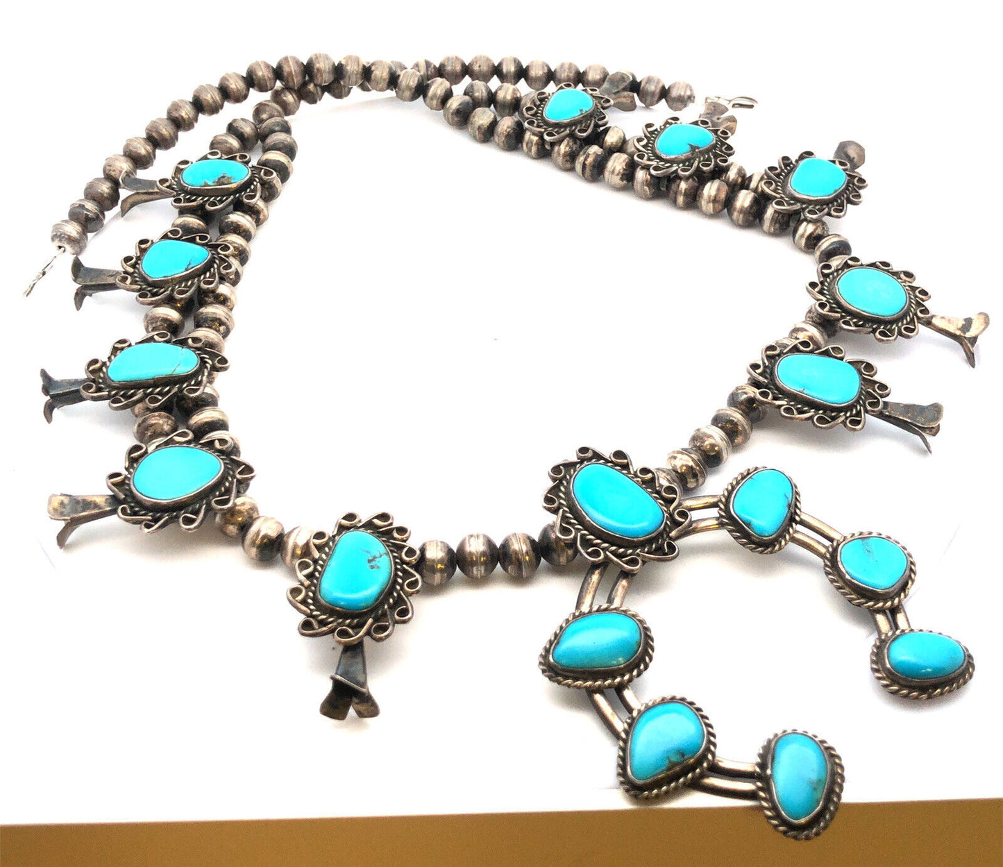 Vintage Native American 925 Sterling Silver Turquoise Squash Blossom Necklace