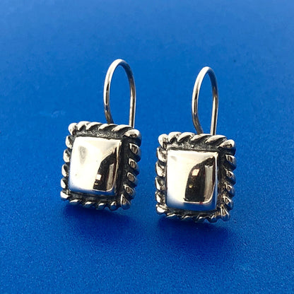 Retro Modernist 925 Sterling Silver Square Rope Halo Drop Dangle Earrings
