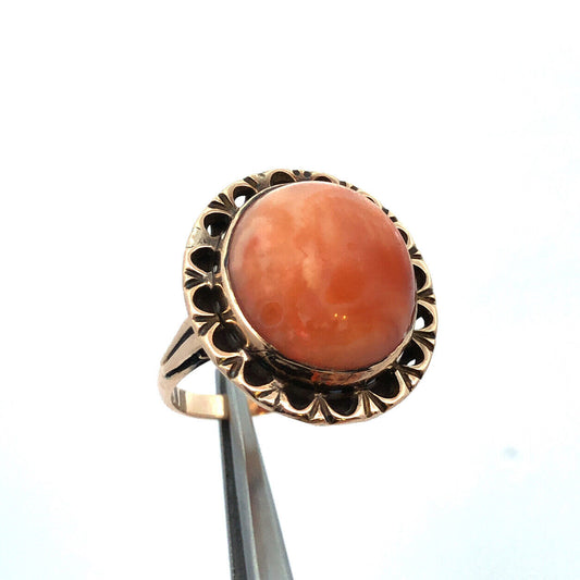 Vintage 14K Yellow Gold Oval Cabochon Orange Mexican Fire Opal Cocktail Ring