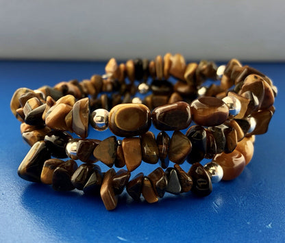 Sterling Silver Tigers Eye Bead Protection Three Wrap Flex Bracelet