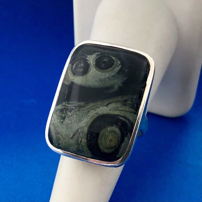 Modernist Sterling Silver Kambaba/Crocodile Eye Jasper Rectangle Statement Ring