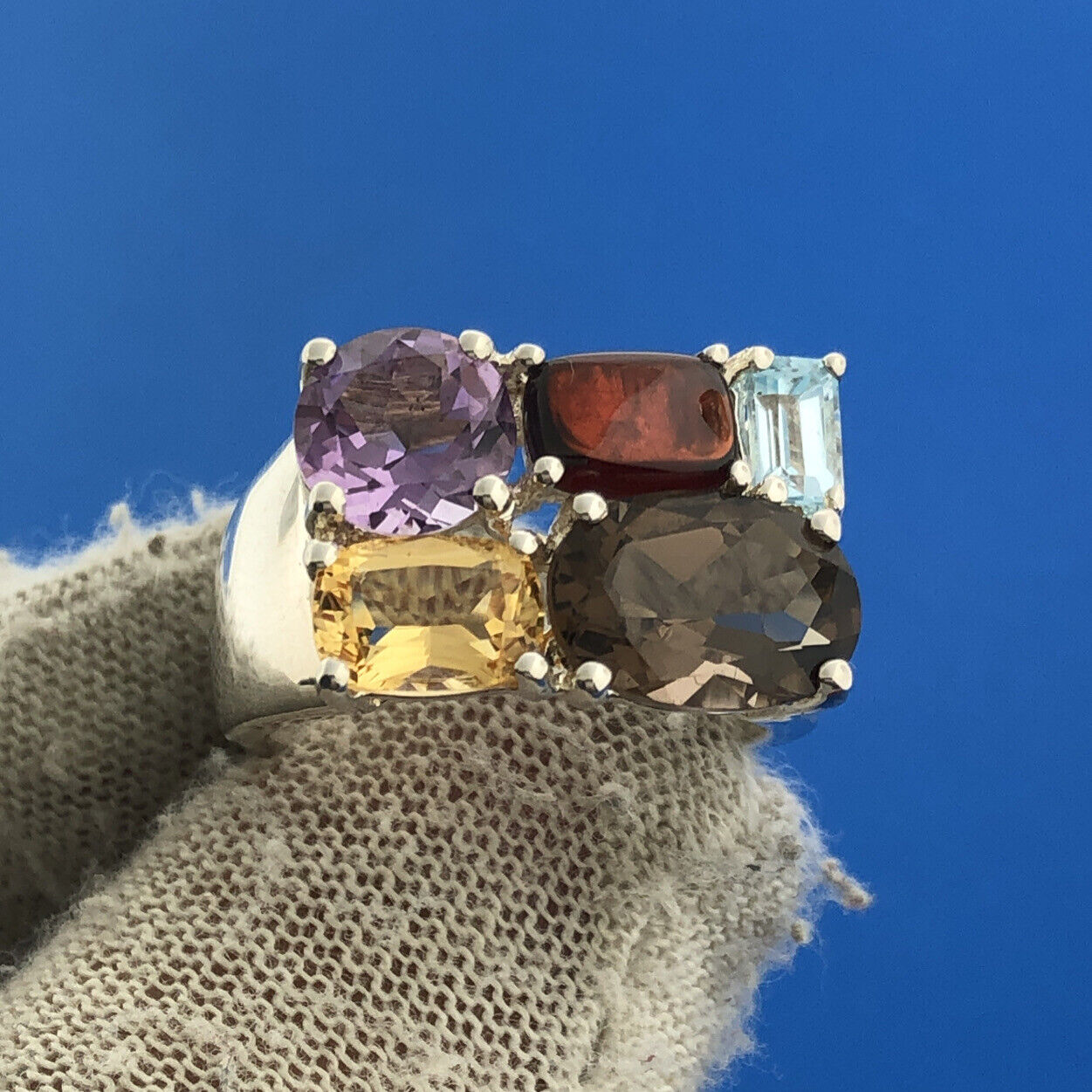 Designer China Sterling Silver Multi Stone Cigar Band Statement Cocktail Ring