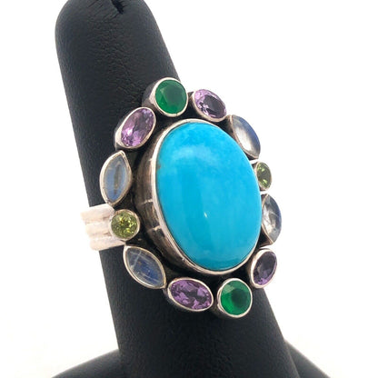 Designer NB India 925 Sterling Silver Oval Turquoise Multi-stone Statement Ring