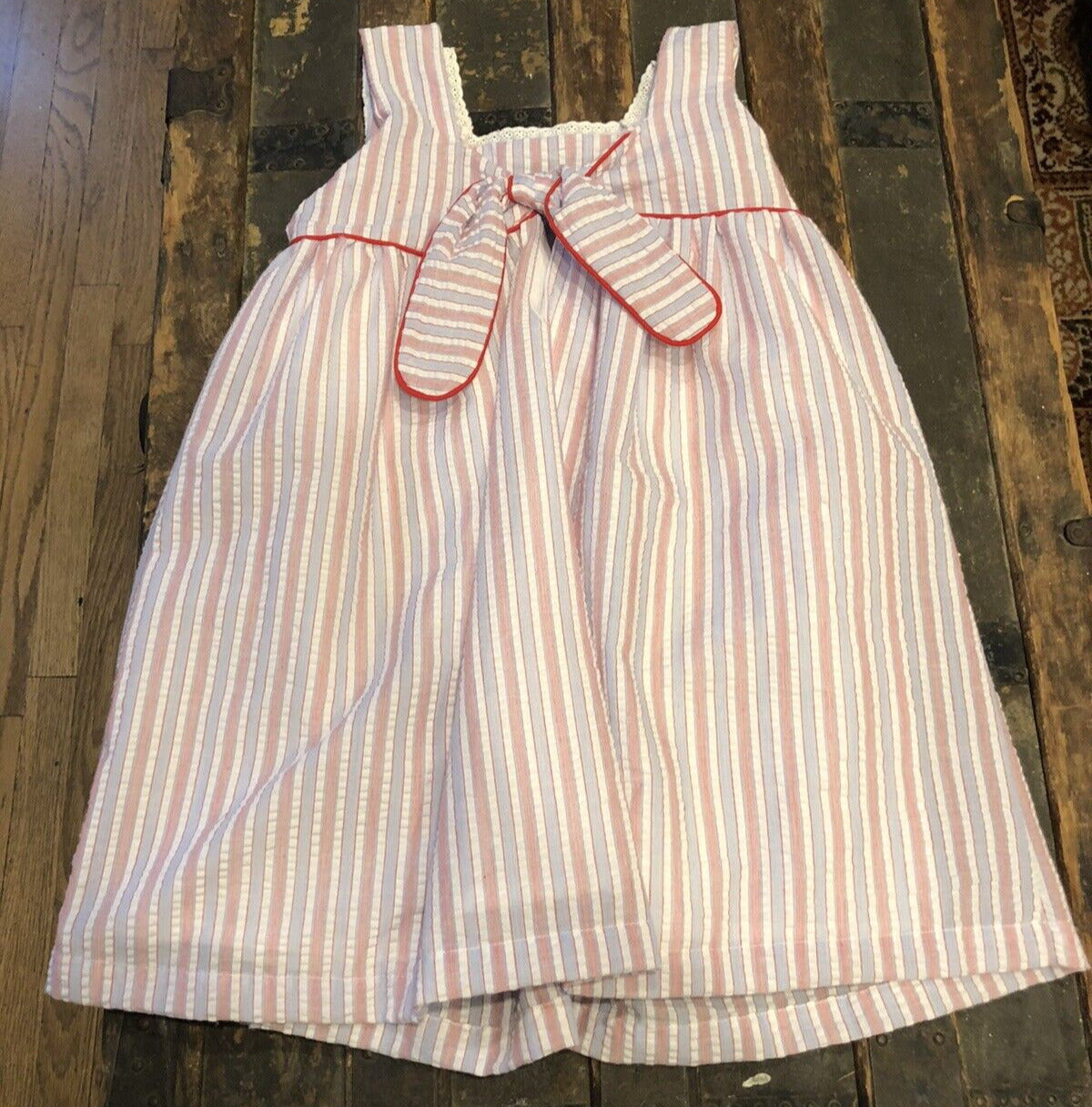 The Oaks Apparel Company Red White Blue Seersucker Girls Size 6 Lined Sundress