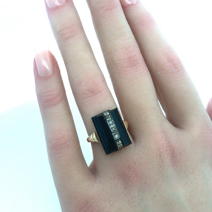 Art Nouveau Art Deco 10K Yellow Gold Diamond Black Onyx Statement Cocktail Ring