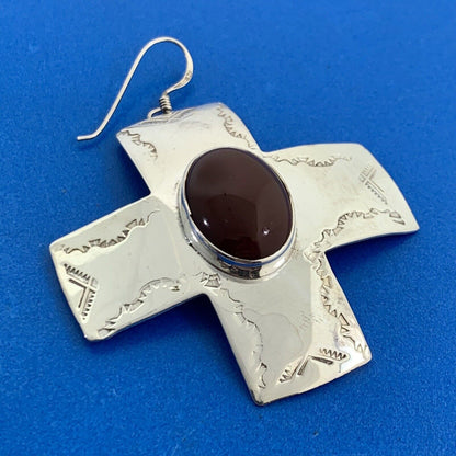 Navajo Ben J Chavez Sterling Silver Oval Carnelian Concho Cross Dangle Earrings