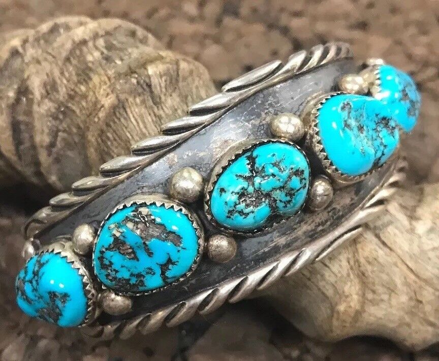 Navajo Clem Nalwood Sterling Silver 925 Turquoise Nugget Statement Cuff Bracelet