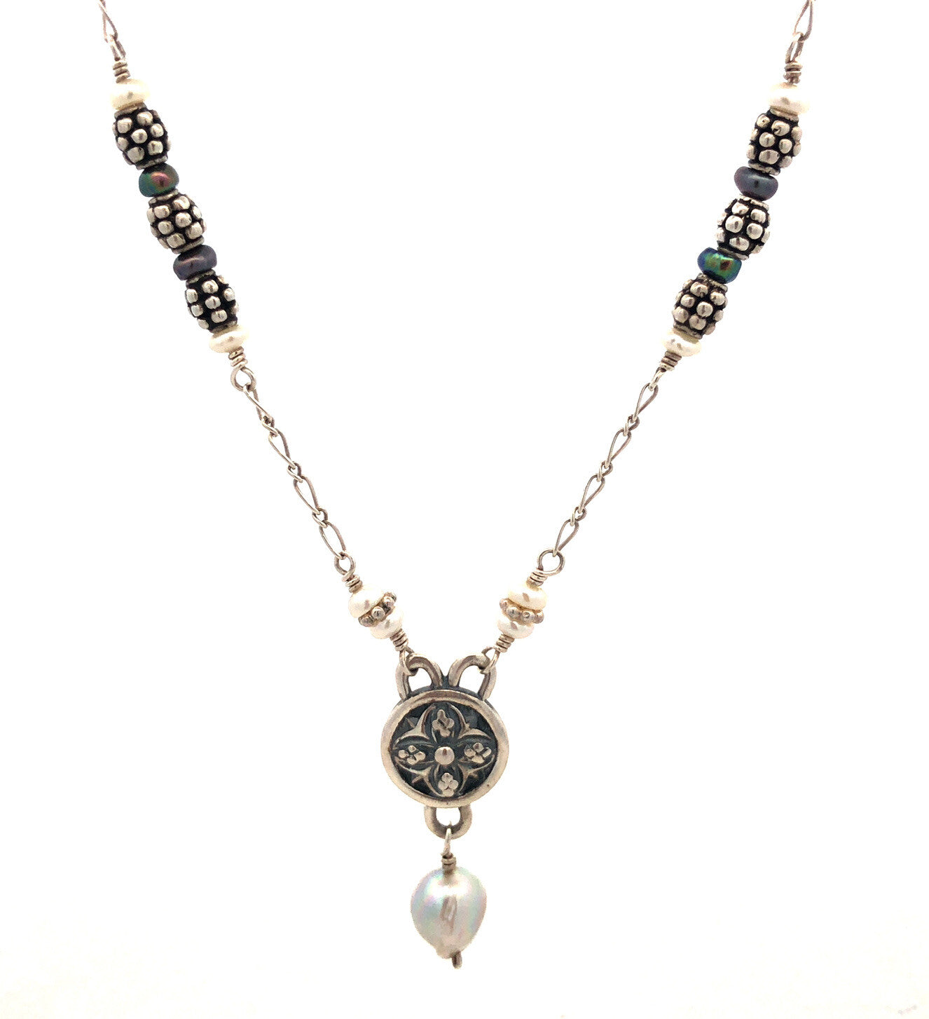 Mignon Faget 925 Sterling Silver Renaissance Pearl Rosette Medallion Necklace