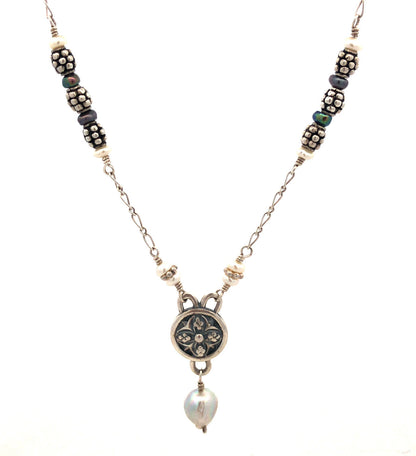 Mignon Faget 925 Sterling Silver Renaissance Pearl Rosette Medallion Necklace