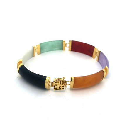 Estate 14K Yellow Gold Multi Gemstone Panel Chinese Good Luck Fortune Bracelet