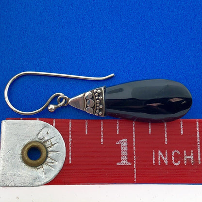 Modernist 925 Sterling Silver Black Resin Pear Beadwork Drop Dangle Earrings