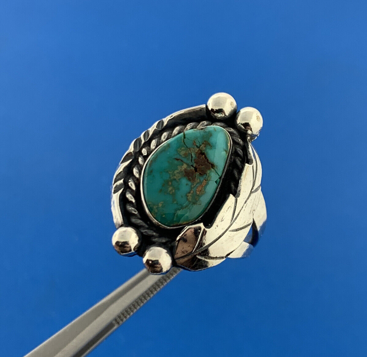Native American Sterling Silver 925 Cabochon Blue Turquoise Floral Ring Size 7