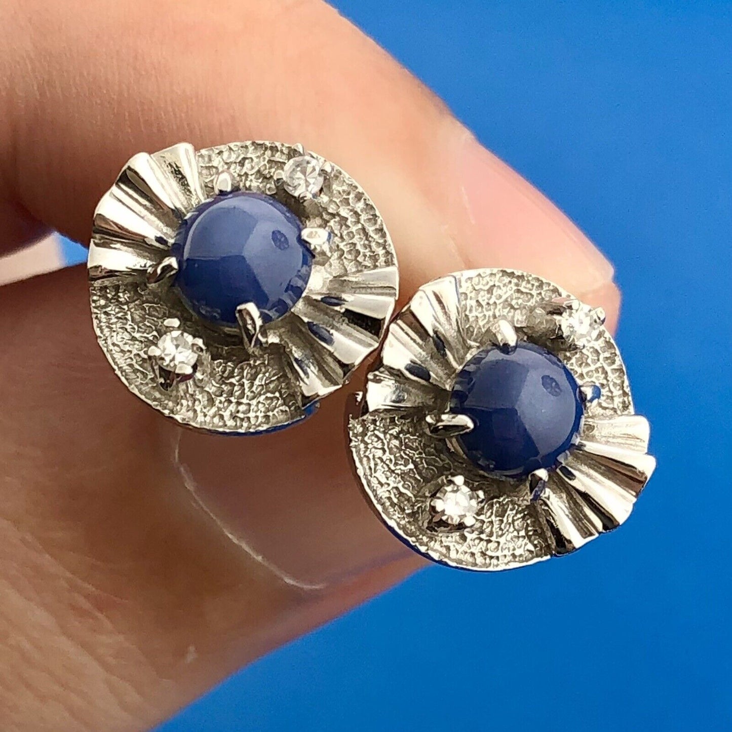 Mid Century 14K White Gold Blue Star Sapphire Diamond Textured Stud Earrings