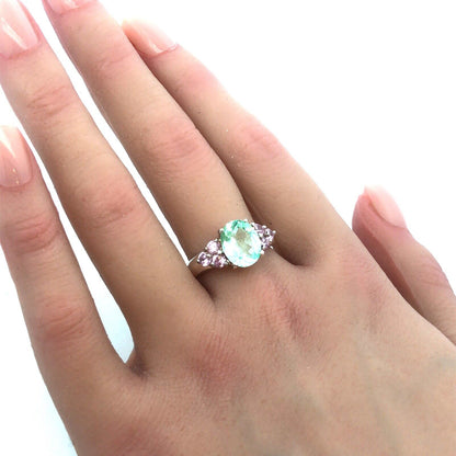 Designer HAN 925 Sterling Silver Oval Seyfoam Green Pink CZ Accent Cocktail Ring