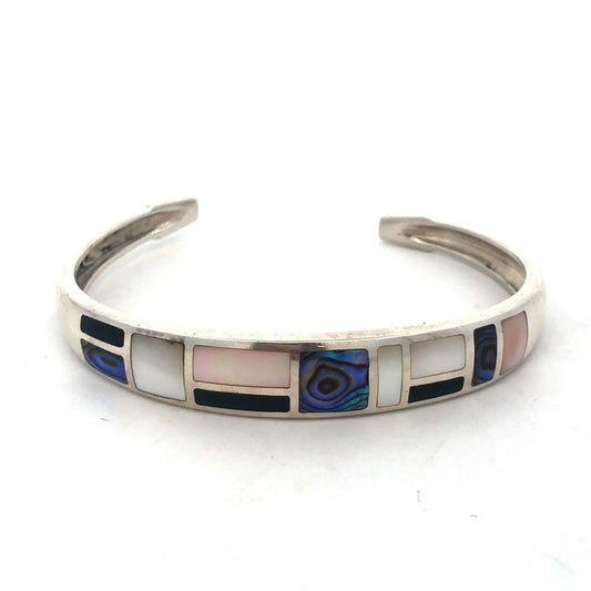 Designer Sterling Silver Abalone Mother Of Pearl Onyx Inlay Open Cuff Bracelet