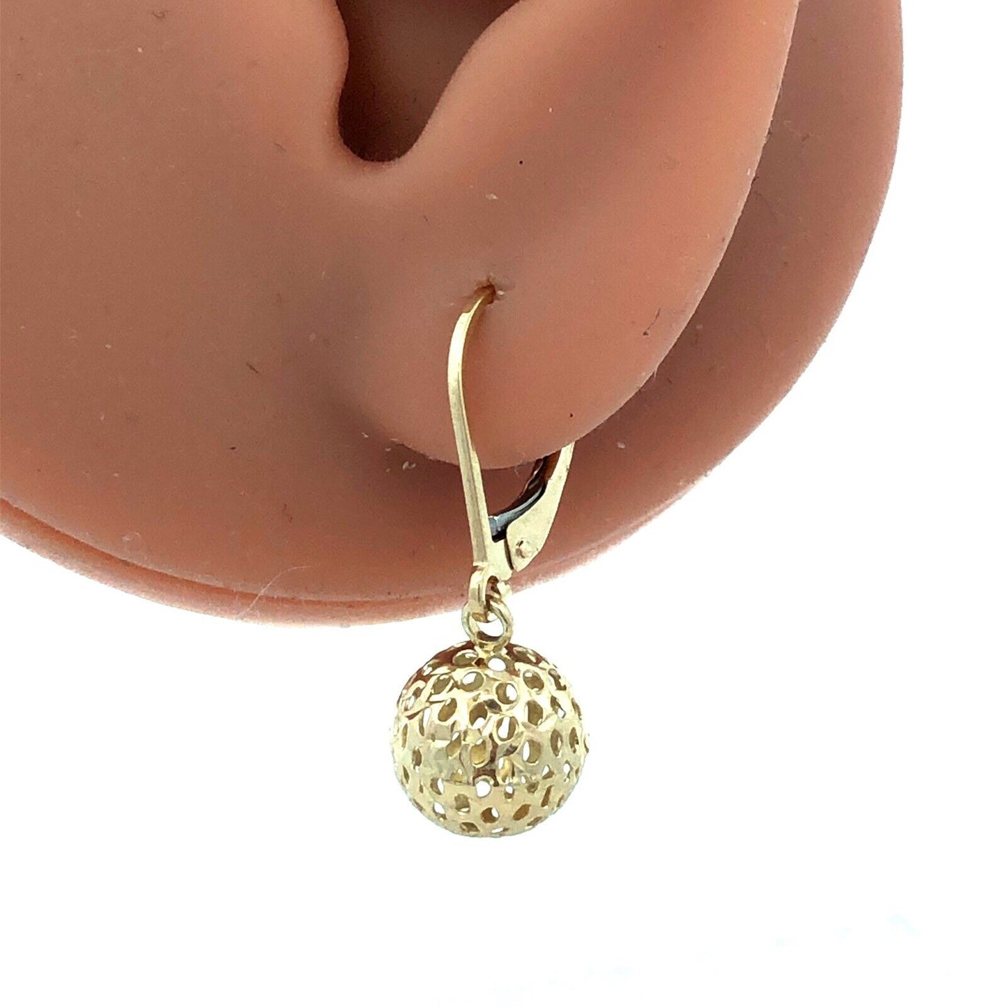 Designer RL 14K Yellow Gold Open Work Round Ball Drop Dangle Leverback Earrings