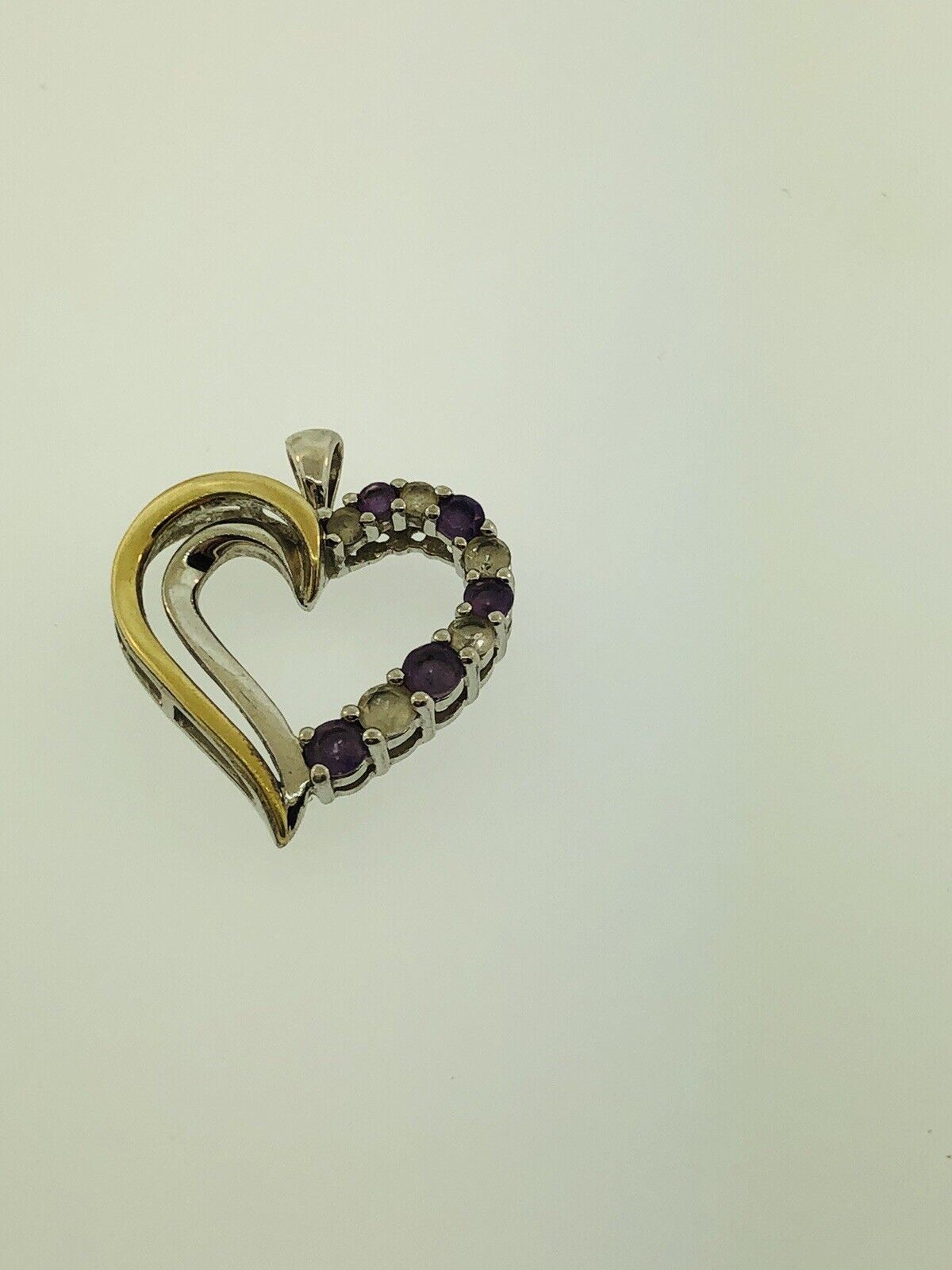 10K Yellow Gold Sterling Silver 925 Amethyst White Topaz Heart Pendant S174