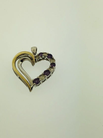 10K Yellow Gold Sterling Silver 925 Amethyst White Topaz Heart Pendant S174