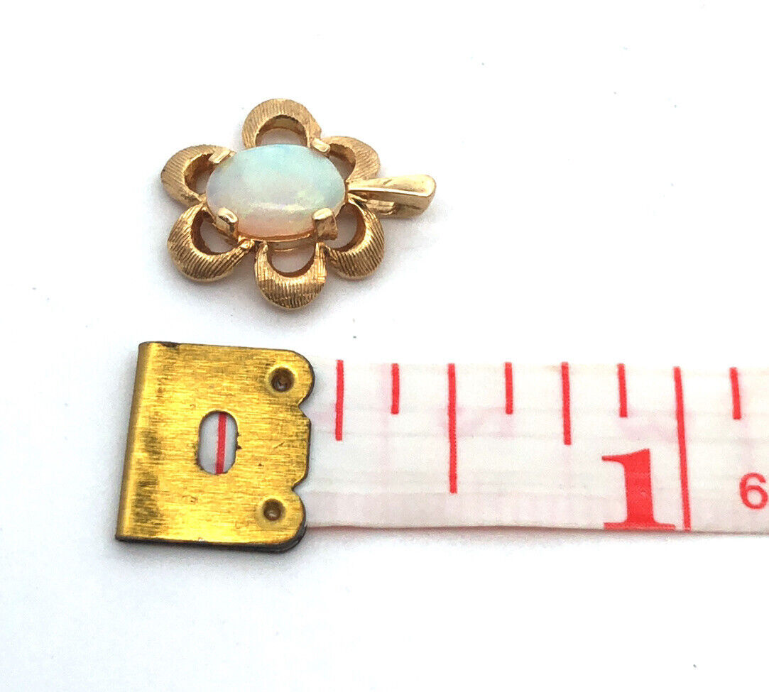 Modernist 14K Yellow Gold Oval Opal Textured Flower Shape Petite Pendant
