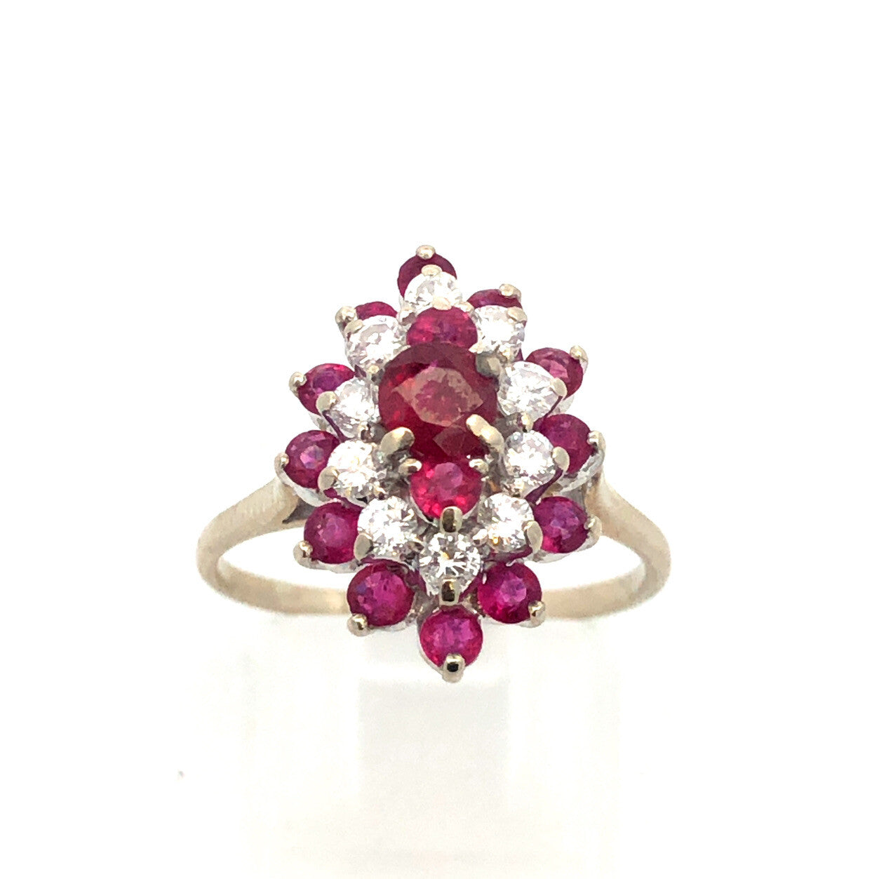 14K White Gold Ruby Diamond Cluster Bridal Birthstone Anniversary Cocktail Ring