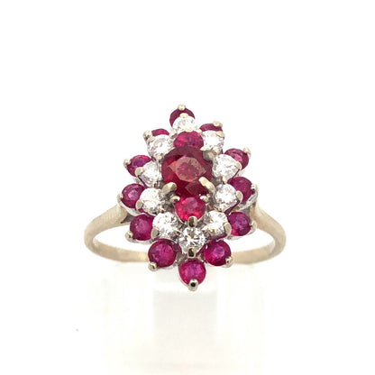 14K White Gold Ruby Diamond Cluster Bridal Birthstone Anniversary Cocktail Ring
