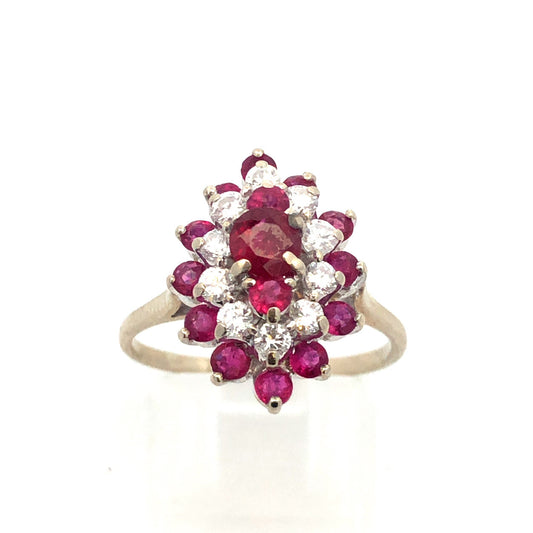 14K White Gold Ruby Diamond Cluster Bridal Birthstone Anniversary Cocktail Ring