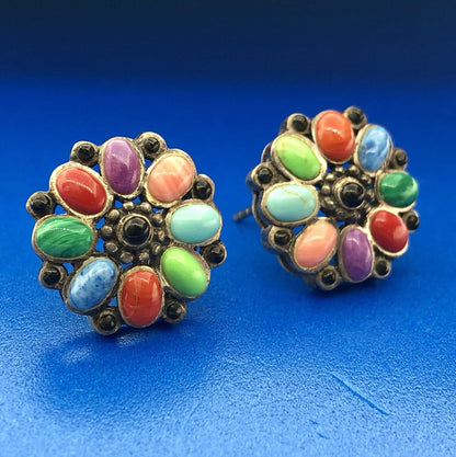 Vintage Sterling Silver 925 Multi Gem Floral Pinwheel Statement Stud Earrings