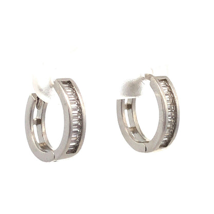 Designer N 925 Sterling Silver Baguette Cubic Zirconia CZ Huggie Hoop Earrings