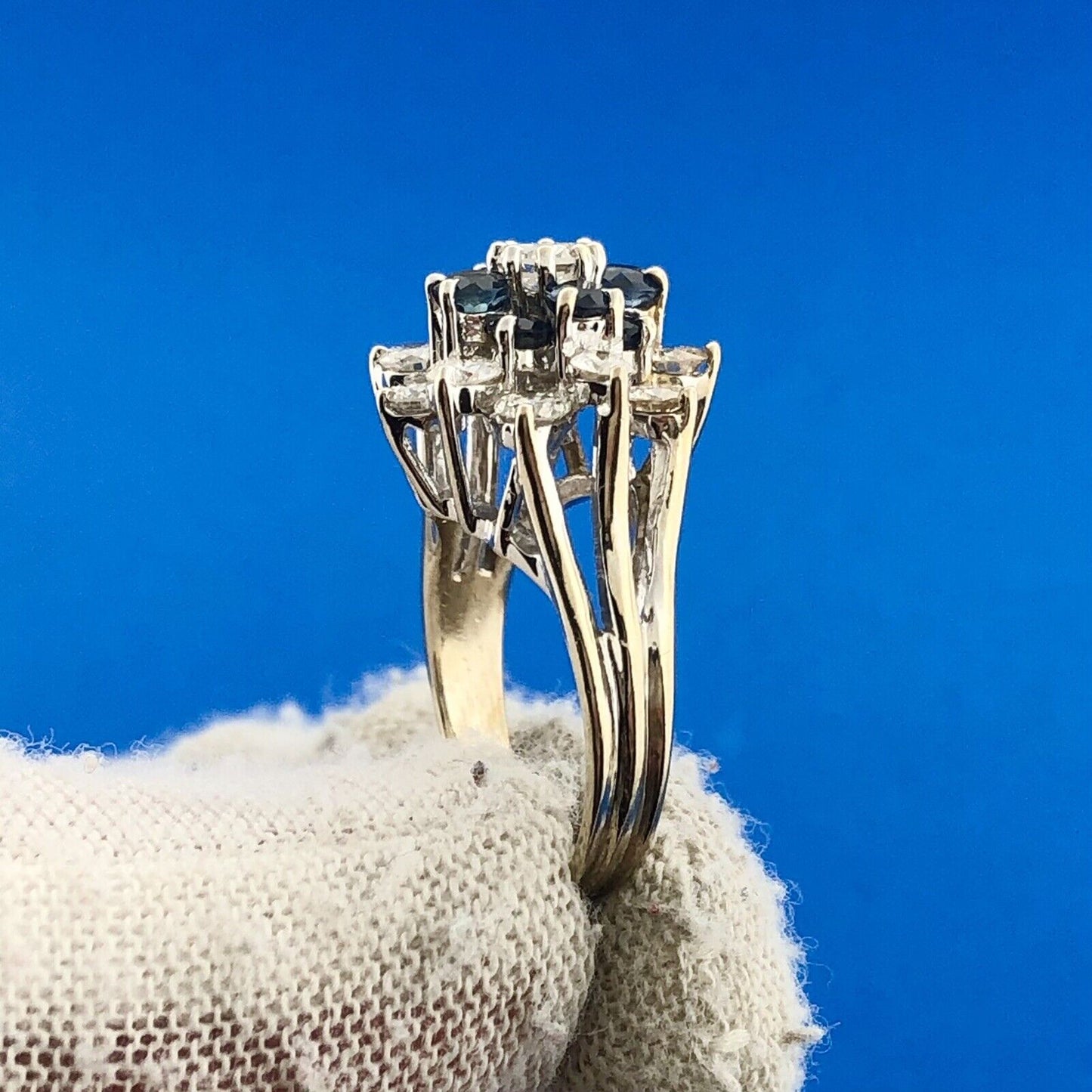 Gorgeous 14k White Gold Round Diamond Sapphire Towering Cluster Ring Size 2.75