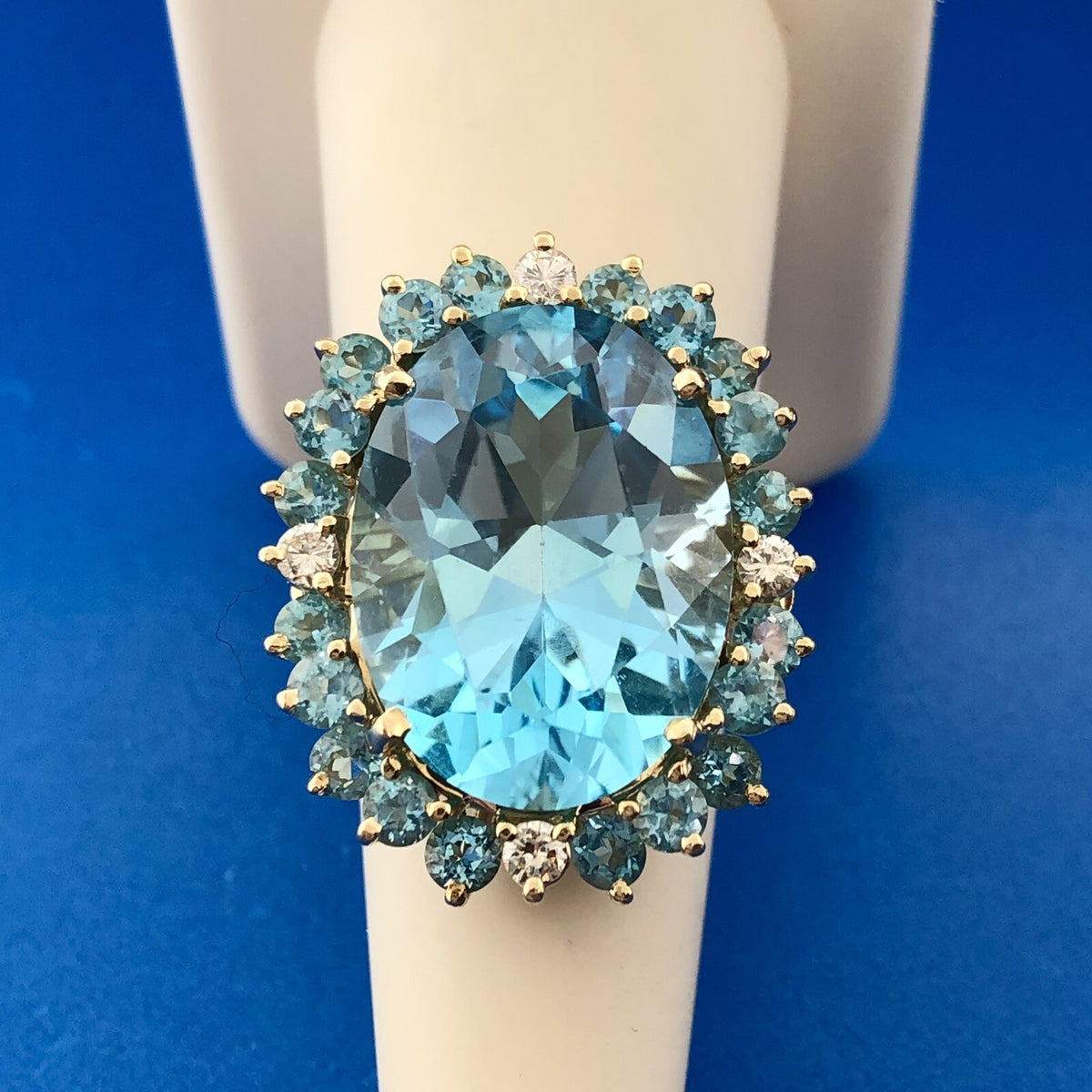 Designer 14k Yellow Gold Large Oval Blue Topaz Aquamarine Diamond Statement Ring