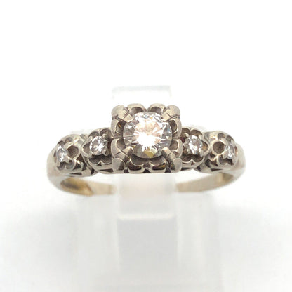 Vintage 14K White Gold Diamond Solitaire W/Accents Engagement Ring