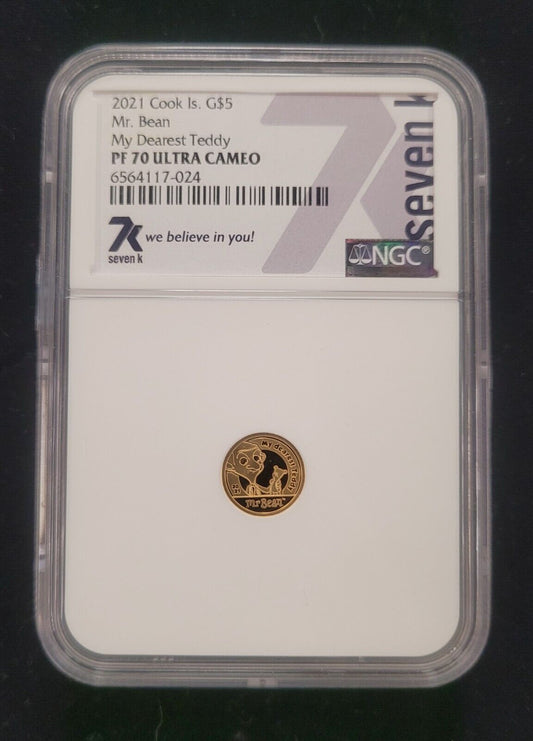 2021 $5 Cook Islands NGC PF70 Proof Cameo Mr. Bean Teddy 1/2g .999 Gold Coin