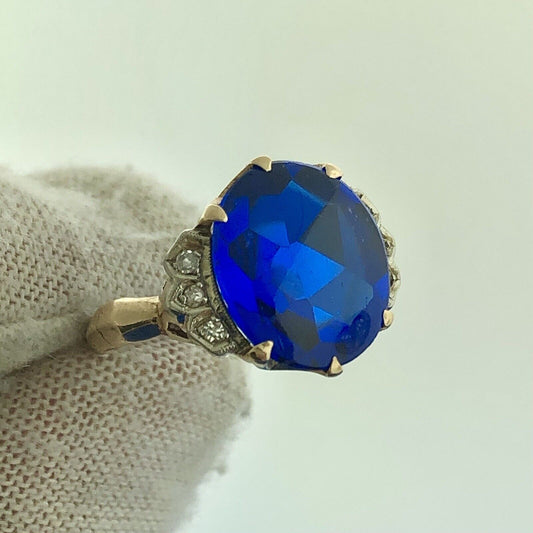 Retro 14K Yellow Gold Oval Blue Spinel Diamond Accented Statement Cocktail Ring