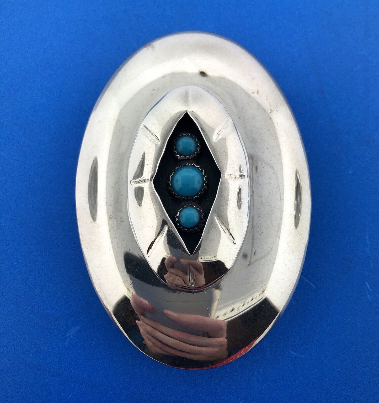 Silver Tone Native American Inspired Turquoise Concho Belt Buckle Artisan Signed