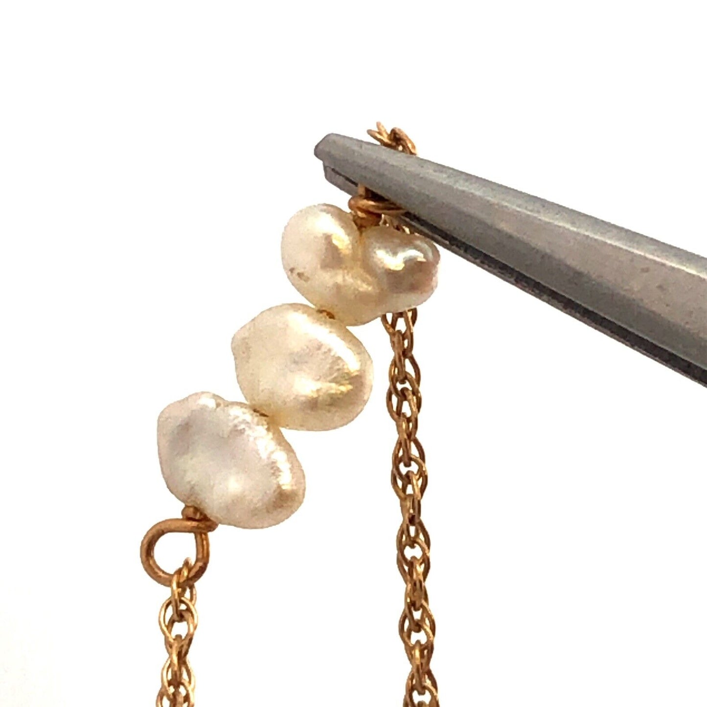Estate 14K Yellow Gold Keshi Pearl Beaded Chain Station Necklace