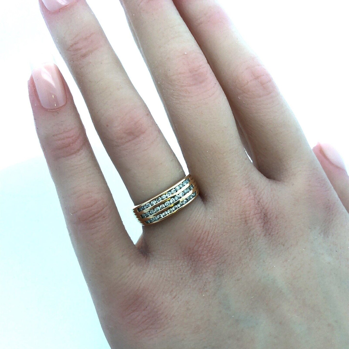 Designer 10K Yellow Gold Diamond Triple Row Tapered Bridal Cocktail Ring