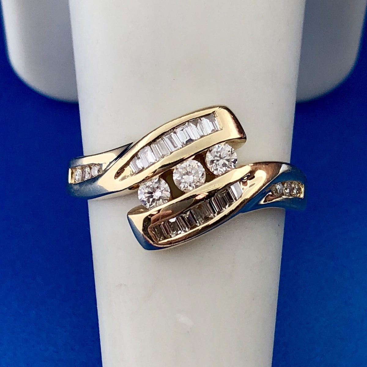 Retro Modernist 14K Yellow Gold Diamond Trio Accented Bypass Anniversary Ring