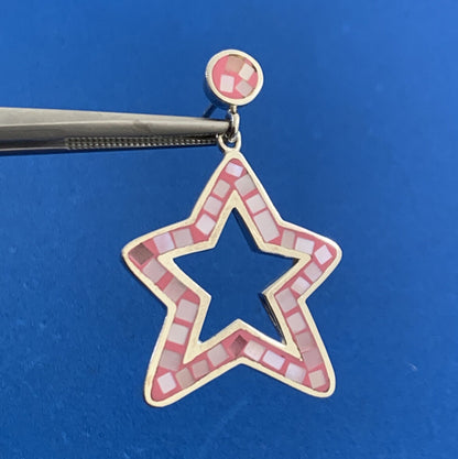 Designer Sterling Silver Mother Of Pearl Inlay Pink Enamel Star Dangle Earrings